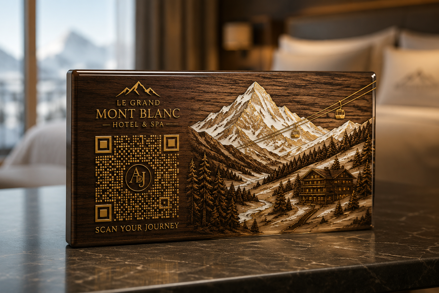 Hand-engraved wood and gold room edition for Le Grand Mont Blanc Hotel & Spa