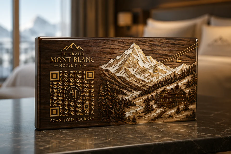 Hand-engraved wood and gold room piece for Le Grand Mont Blanc Hotel & Spa